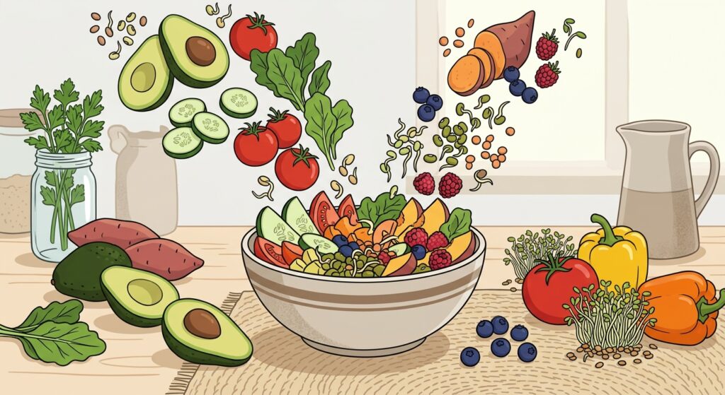 Ceramic bowl filled with chopped leafy greens, carrots, berries and sprouted seeds on a wooden table.