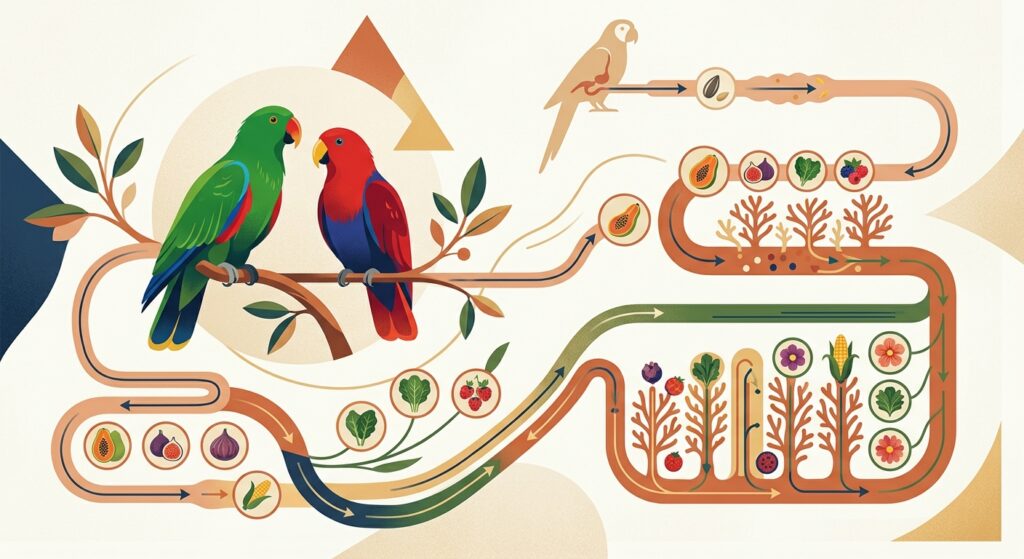 Side-view illustration of an Eclectus parrot with its unusually long digestive tract highlighted in orange