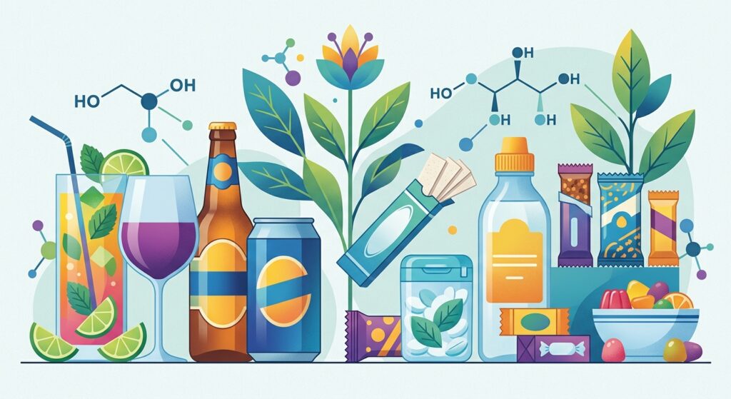 Illustration of a cocktail glass, beer bottle, gum pack and sugar-free candy labelled xylitol beside a curious dog.