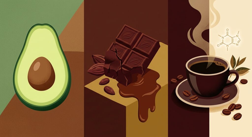 Halved avocado, broken chocolate bar and coffee cup with scattered beans, each marked by a red warning symbol.