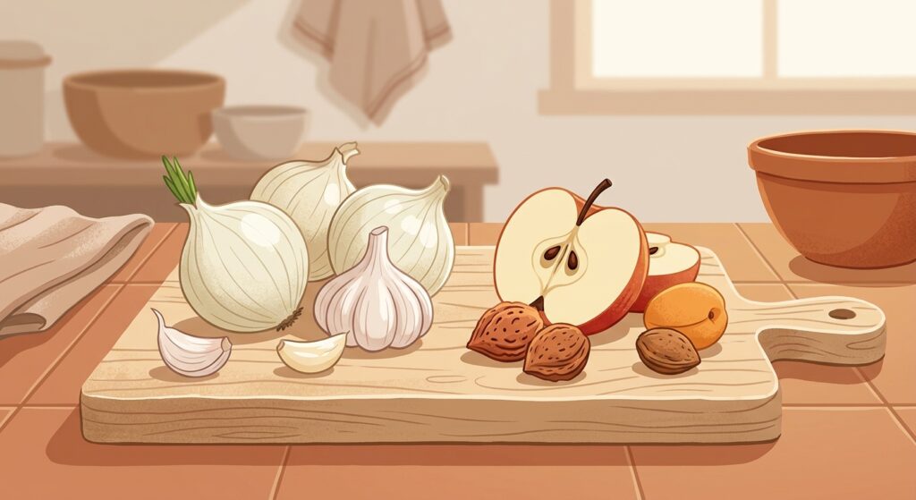 Kitchen counter with sliced onion, garlic cloves, a peach pit and apple core as a curious dog looks on