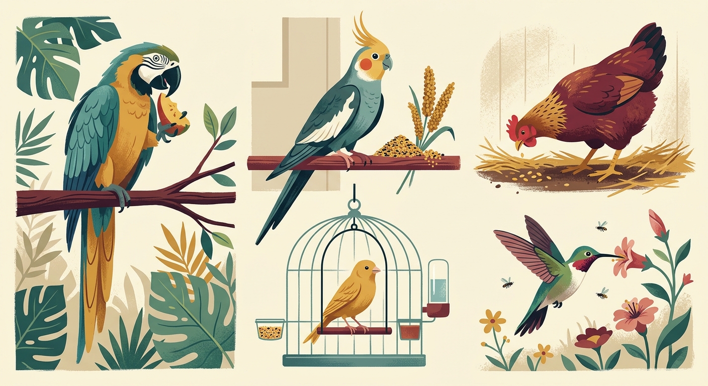 Illustration of a parrot, finch, cockatiel and budgie beside differently sized cages, food bowls and perches.
