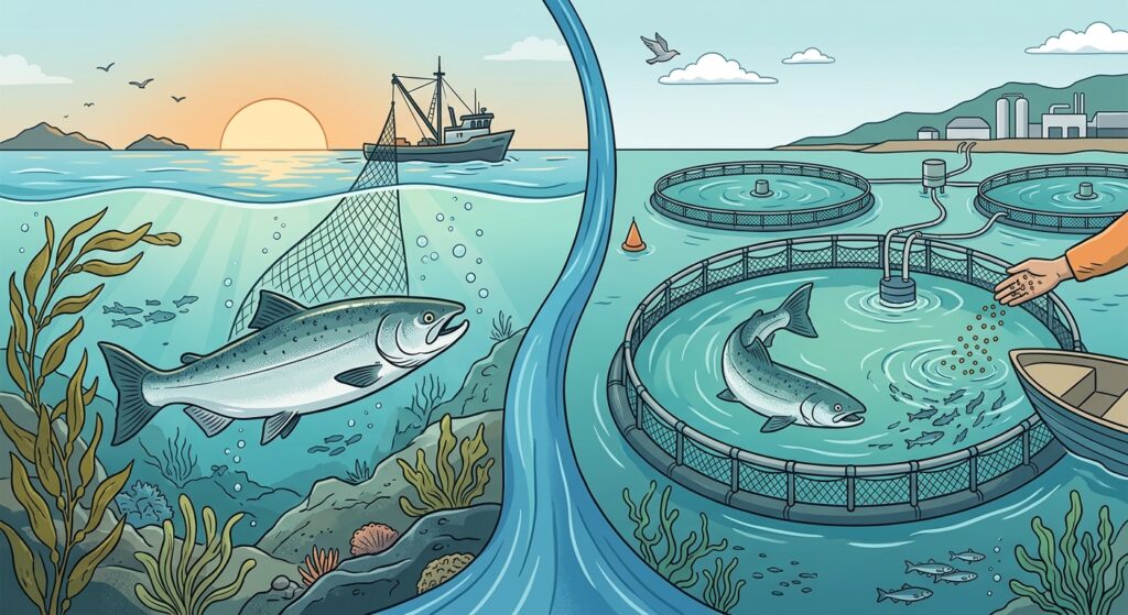 Side-by-side illustration: a netted fish pulled from a river beside hatchlings emerging in a breeder's glass tank